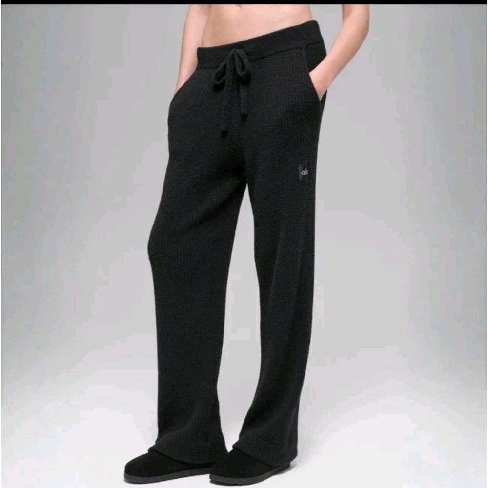 ALO Snuggle Up Sweater High-Waist Wide Leg Pant, L, Black,